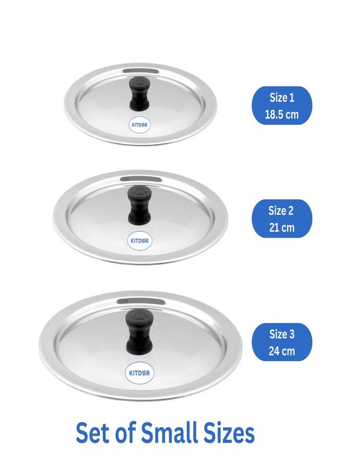 Kitdor Glossy Steel Lids for Utensils with Knobs | Melt-Free with a Good Gripsteel Lid for Kadai and Other Utensils | Round, Rust Resistant Steel (3 Pcs Set, Small) - Image 2